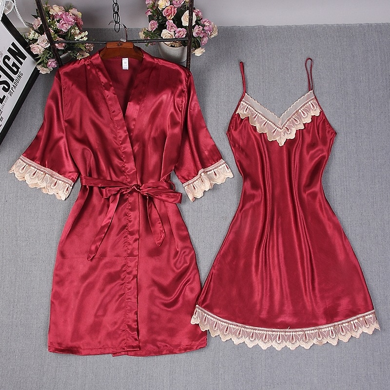 Women's Rayon Lace Trim Bathrobe with Night Dress Set